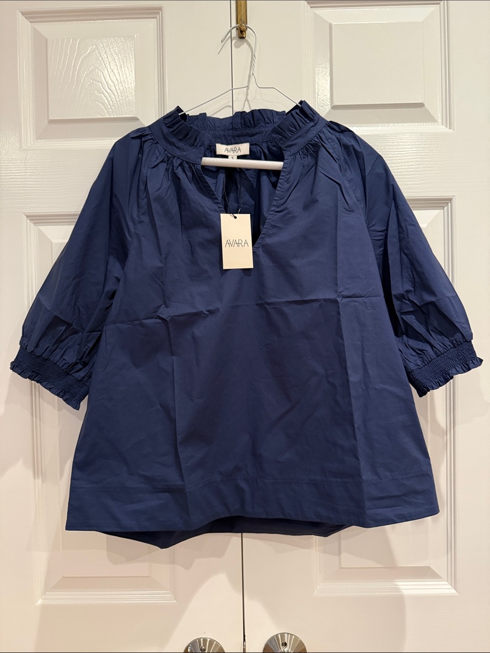 Avra Navy Ruffle-Neck Cotton Blouse